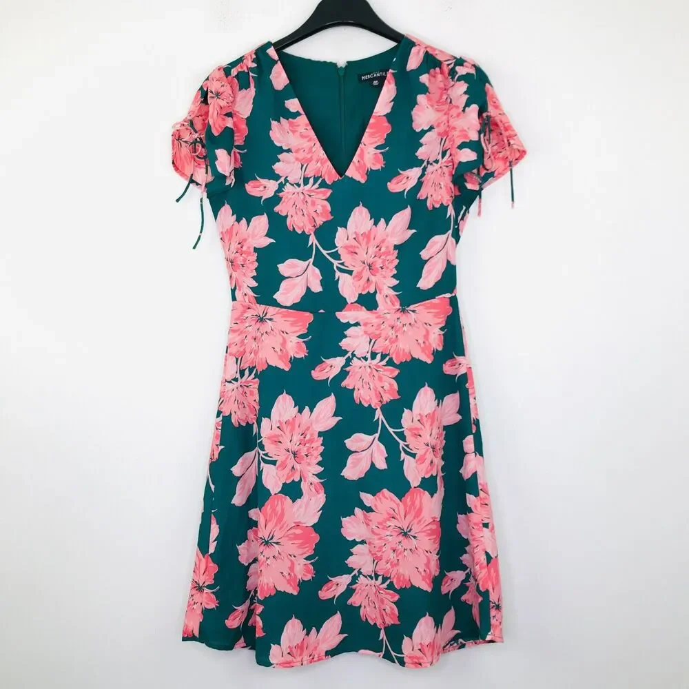 J Crew Mercantile Women's 00 Dress Green Pink Floral Tie-Shoulder A-Line CJ4